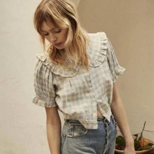 DÔEN Sparrow Cropped Ruffled Checked Ramie Blouse